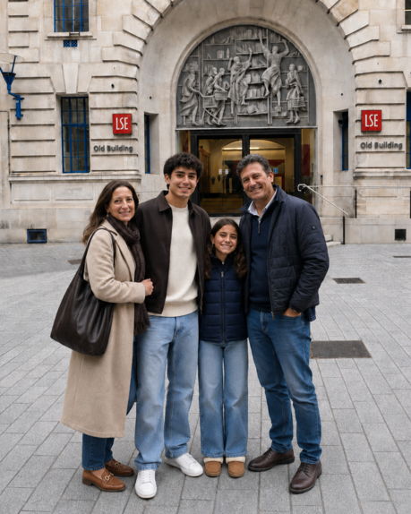 Una famiglia Elab Education davanti a un'università partner nel Regno Unito