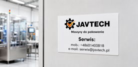 Naklejka serwisowa JAVTECH z kontaktem do wsparcia technicznego maszyn pakujących
