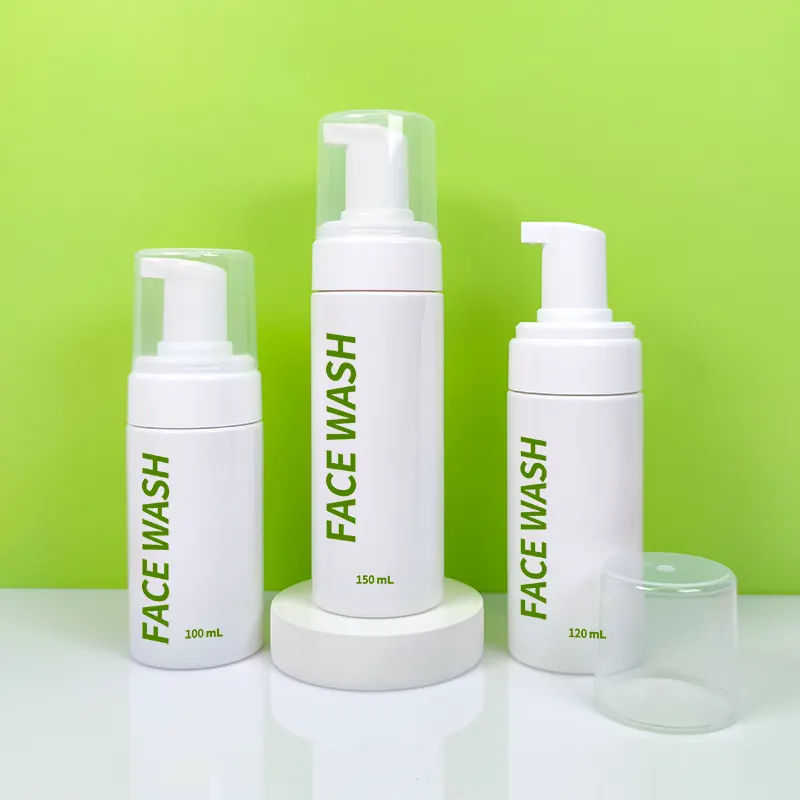 Classic cylindrical white foam pump bottles (100–150 ml) with print