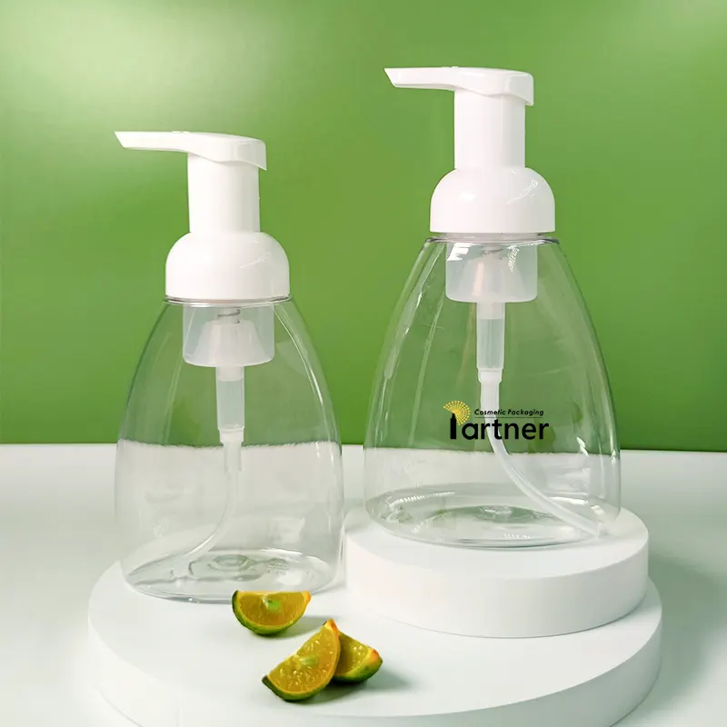 Clear triangular PET foam pump bottles, 200 ml and 300 ml, twist-open foam pump for handwash