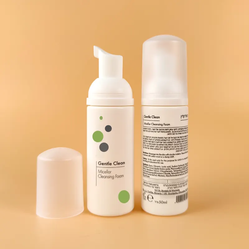 50 ml white HDPE foam pump bottles with two-color print and frosted cap for travel and samples