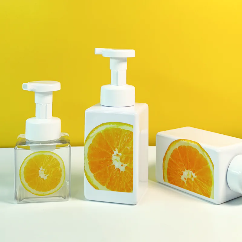 Rectangular PET foam pump bottles (300 & 500 ml) with labels