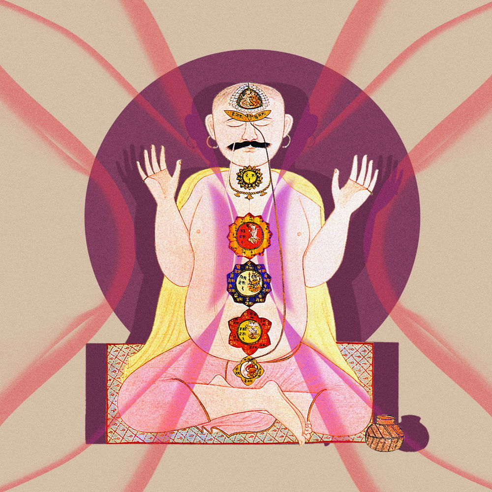 A yogi seated in meditation with the chakras glowing along the spine