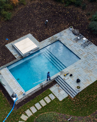Aerial view of a Coastal Pools service visit