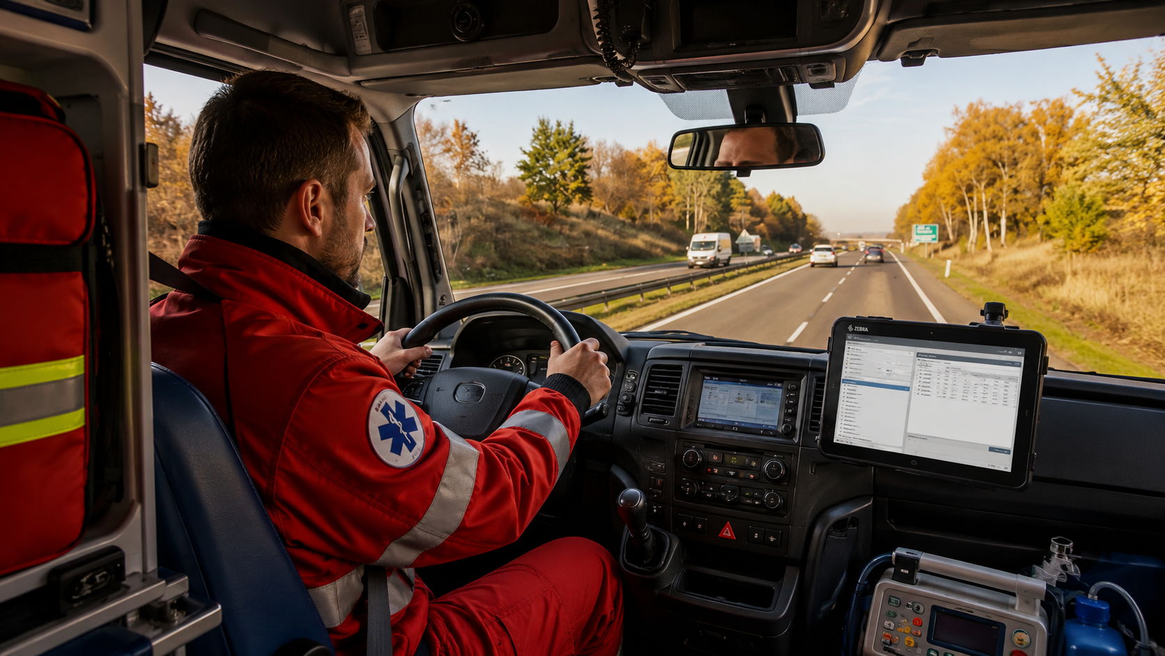 Tablet zamontowany w uchwycie na desce rozdzielczej ambulansu obok zespołu ratowników