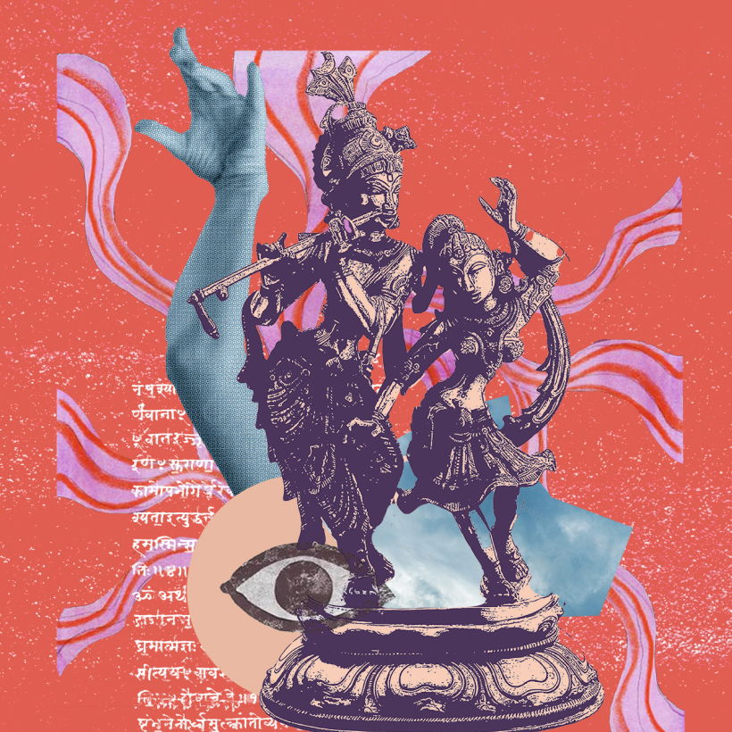 A collage of bronze deity images against a vermilion ground