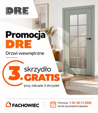 Planujesz zakup kilku par drzwi wewnętrznych?     W promocji DRE przy zakupie trzech skrzydeł drzwi wewnętrznych trzecie otrzymujesz gratis &ndash; zgodnie z warunkami akcji promocyjnej.    To dobra okazja szczeg&oacute;lnie przy wykańczaniu mieszkania lub domu, kiedy potrzebujesz drzwi do kilku pomieszczeń jednocześnie.    Promocja obowiązuje od 1 października do 30 listopada 2026 r. lub do wyczerpania zapas&oacute;w.    Sprawdź dostępne modele i szczeg&oacute;ły promocji w Salonach Fachowiec.
