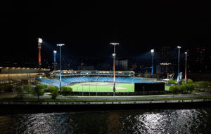 Softball field at Glen Ellyn's Ackerman Park lit at night with Musco LED fixtures