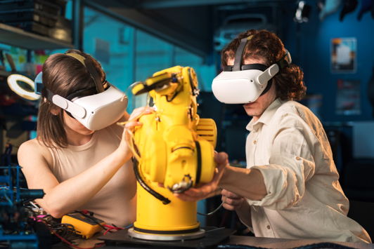 Business woman sitting at laptop using VR headset