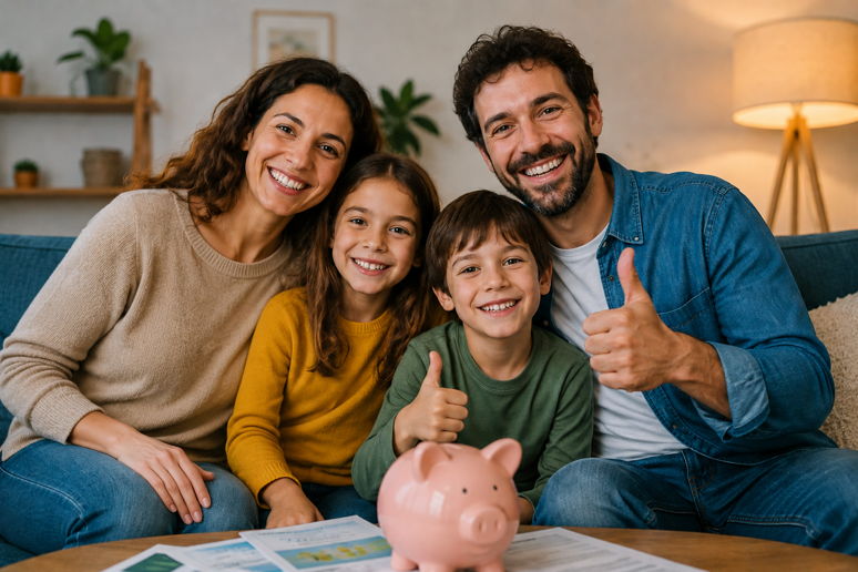 Famiglia italiana sorridente in un luminoso soggiorno con luce naturale