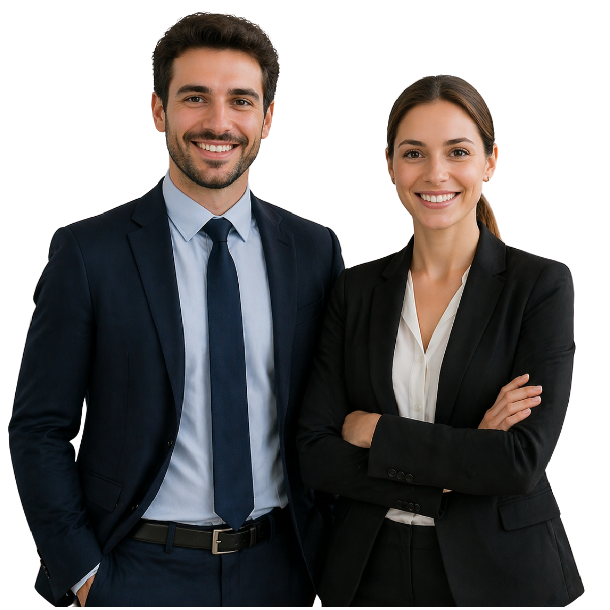 Due professionisti sorridenti in abito da ufficio