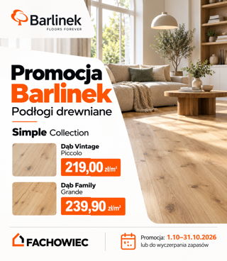 Drewniana podłoga to naturalny materiał, trwałość na lata i wygląd, kt&oacute;ry z czasem zyskuje jeszcze więcej charakteru..    Promocja obowiązuje od 1.10 do 31.10.2026 r. lub do wyczerpania zapas&oacute;w.    Sprawdź dostępność i szczeg&oacute;ły promocji w Salonach Fachowiec.