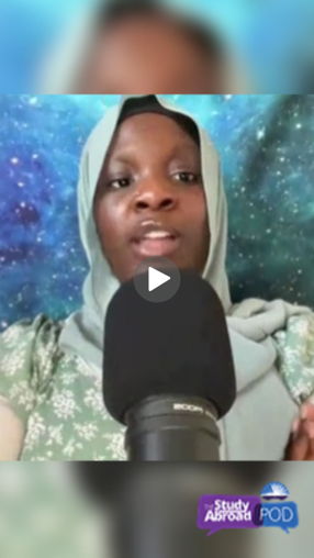 Screenshot of a YouTube short where USAC Alicante alumna Rabiah, wearing a light green hijab, speaks into a microphone with THE Study Abroad Pod logo at the bottom.