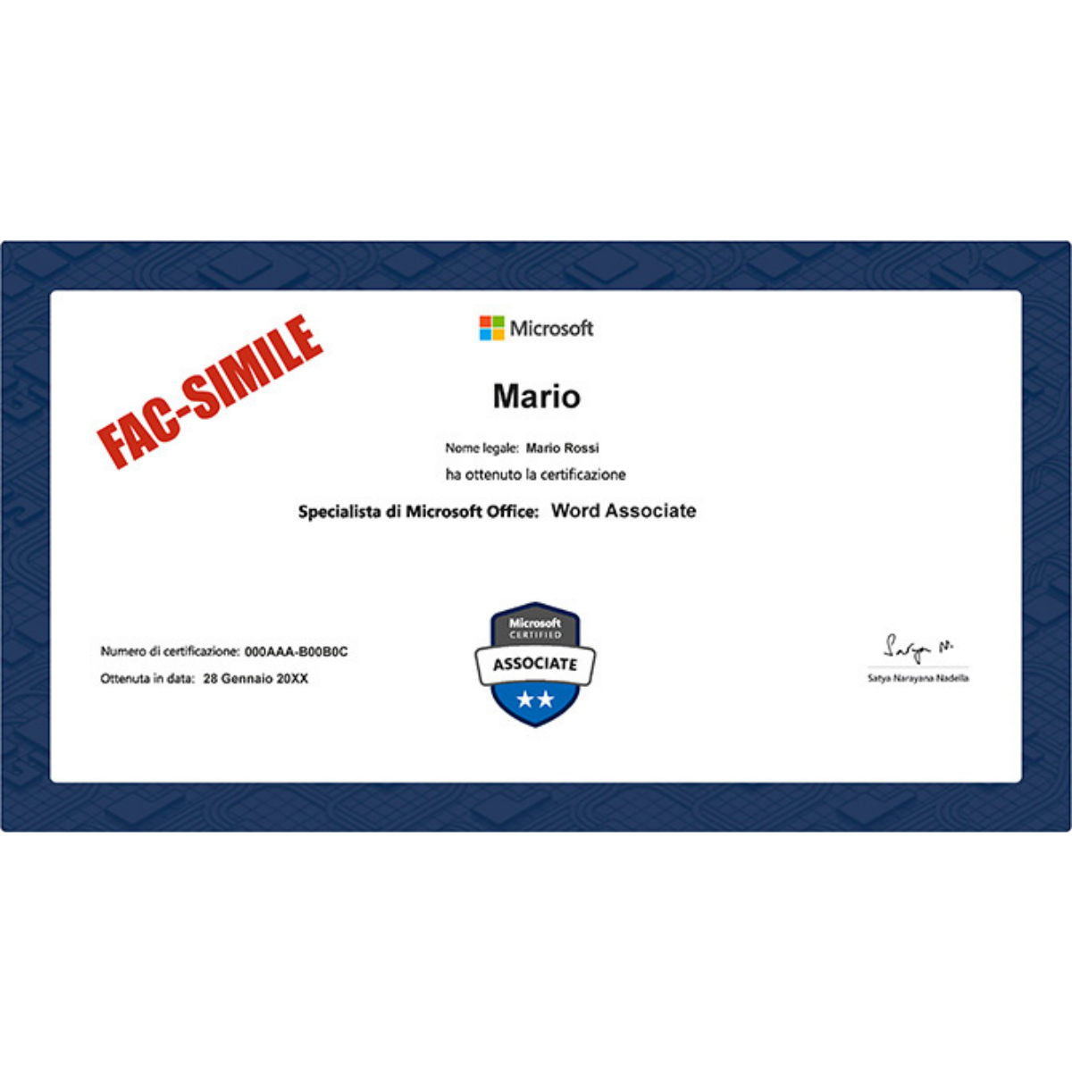 Fac-simile certificato Microsoft Office Specialist Word