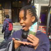Tatiana posing with an ice cream cone in Chengdu, China.