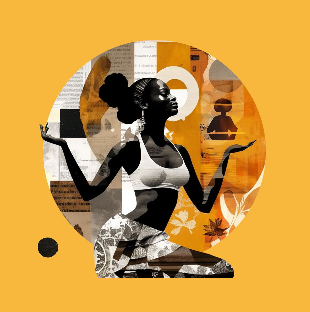 A collage of a yogi in a seated pose framed by a golden circle