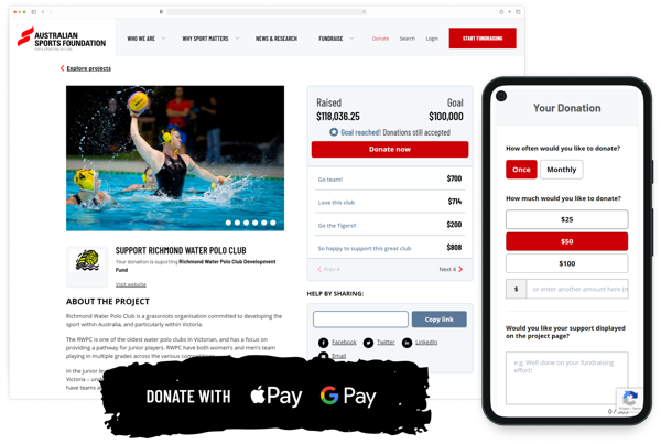 Sports Fundraising Platform with Apple Pay & Google Pay