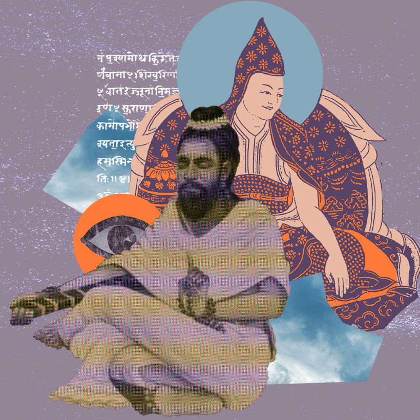 A collage of a meditating figure before a Tibetan teacher, with eyes and Sanskrit script