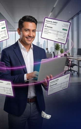 Empresario revisando facturas digitales